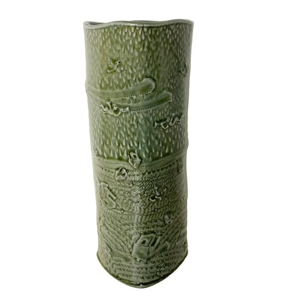 Ceramic Pottery Vase Olive Celadon signed Dennis Meiners